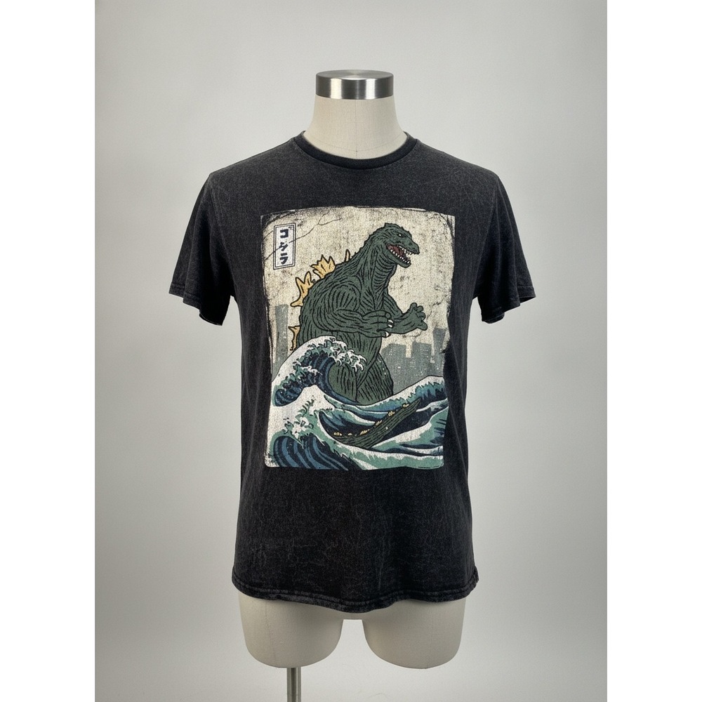 Godzilla Kids T-Shirt Medium Gray Acid Wash Great Wave Graphic Tee Kaiju Toho
